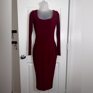 PrettyLittleThing Red Ribbed Bodycon Dress Square Neck Long Sleeve